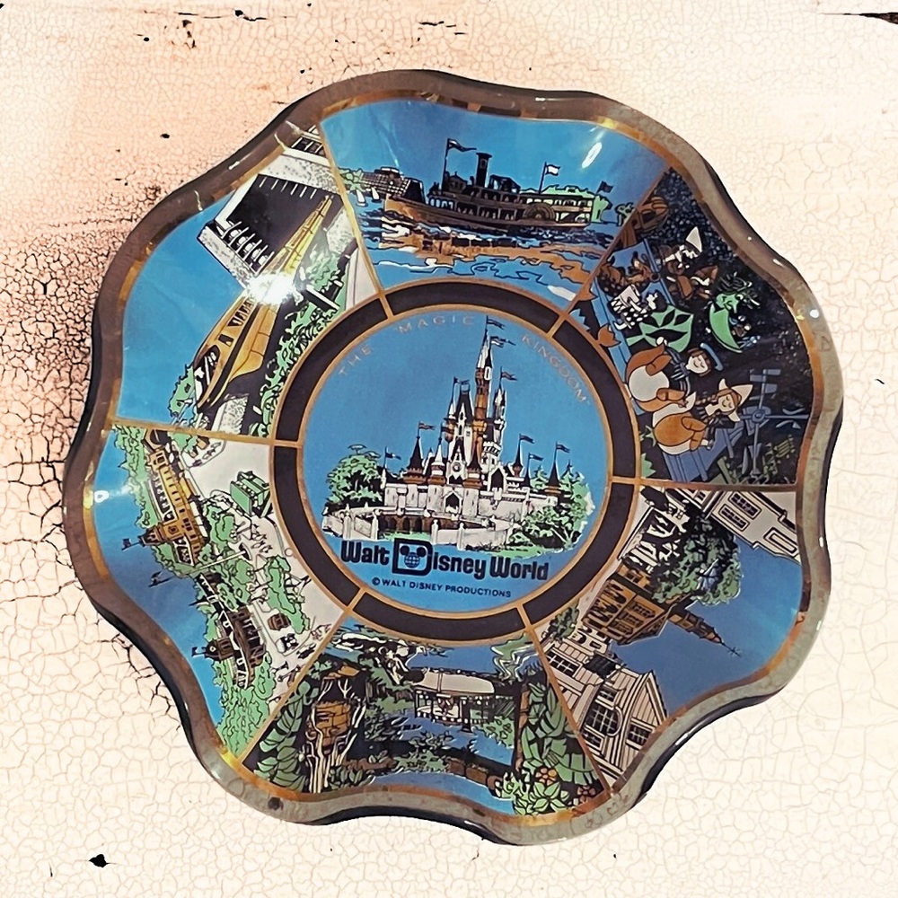 Vintage Walt Disney World Scalloped Plate Blue & Gold Glass